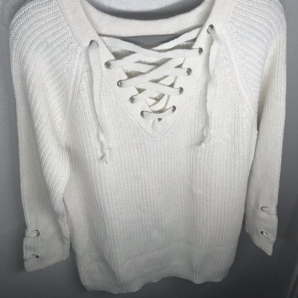 Cream Lace Up Rib Oversized Knit Sweater - Picture 3 of 11